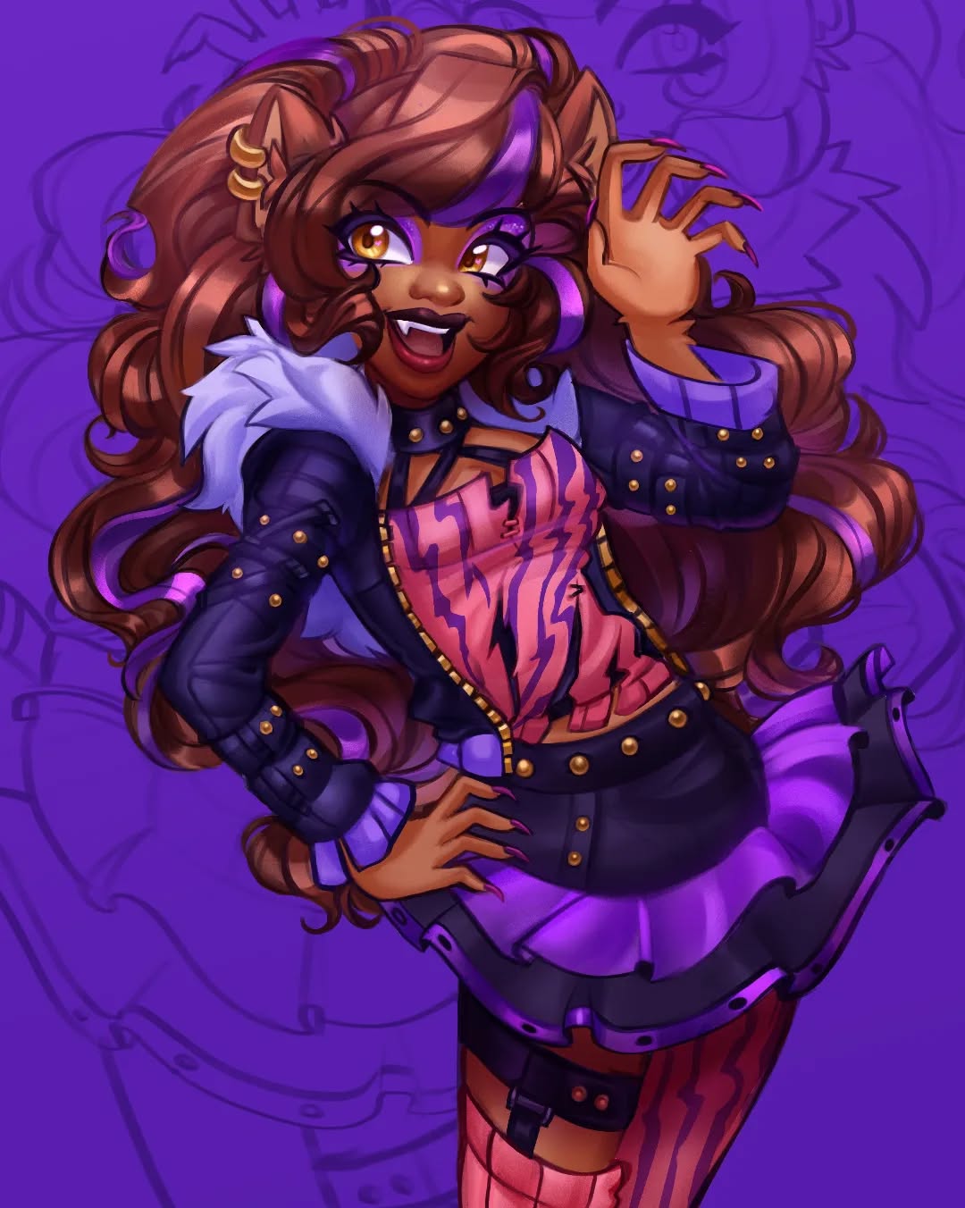 the image is a vibrant, stylized digital drawing or painting of clawdeen wolf, a character from the monster high franchise.  she's depicted in a punkrock inspired outfit consisting of a dark jacket with studs, a pink and purple striped top, a layered purple skirt, and accessories like garters.  her werewolf features – brown skin, brown hair with purple streaks, pointed ears, and claws – are clearly visible. she has a confident and playful pose, one hand raised in a clawlike gesture, and a bright, expressive face. the background is a blurred, purple tone with faint, undefined shapes suggesting other characters or scenery. the overall style leans towards anime or cartoon, with exaggerated features and saturated colors.