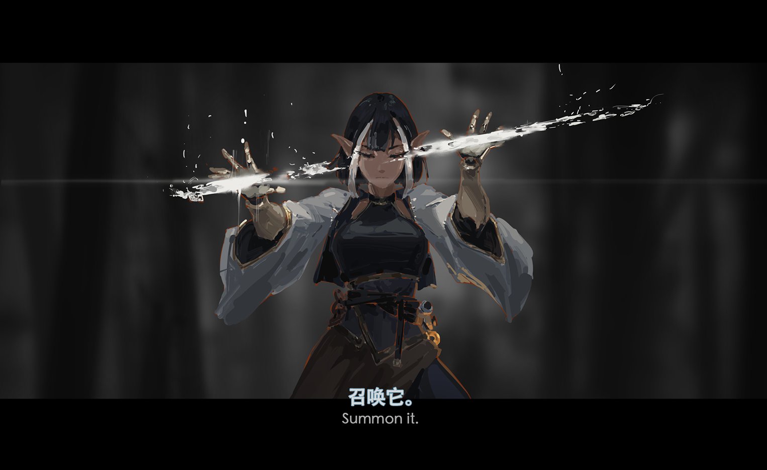 the image is a digital painting depicting a female elflike character in a dark fantasy setting. she's centrally positioned, clad in a darkcolored, elegant robe with lighter grey accents.  pointed ears are visible, marking her elven features.  her expression is serious and focused as she channels magical energy, depicted as a shimmering stream of water flowing between her outstretched hands. the background is dark and atmospheric, with a blurred, shadowy effect suggesting a forest or similar environment.  at the bottom of the image, text in both chinese ("召喚它") and english ("summon it.") appears, clarifying the character's action. the overall style blends anime/manga aesthetics with a darker, more painterly approach. the colour palette is predominantly dark, with the light stream of water providing a strong contrast.