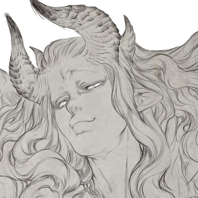 a pencil drawing of a male demon with long flowing hair and horns. he is looking at the viewer with a slight smirk. the drawing is detailed and has a fantasy feel.