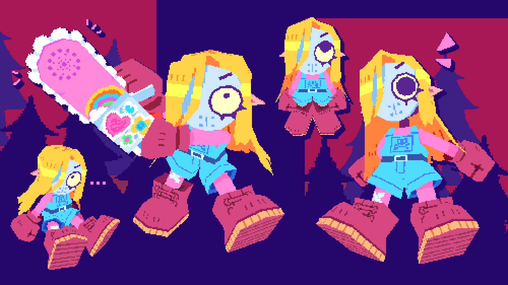 a pixel art design sheet for a girl lumberjack video game character. the girl is pale with blonde hair and a blue and pink outfit, and she is shown in multiple poses. in one pose, she is holding a large pink chainsaw.