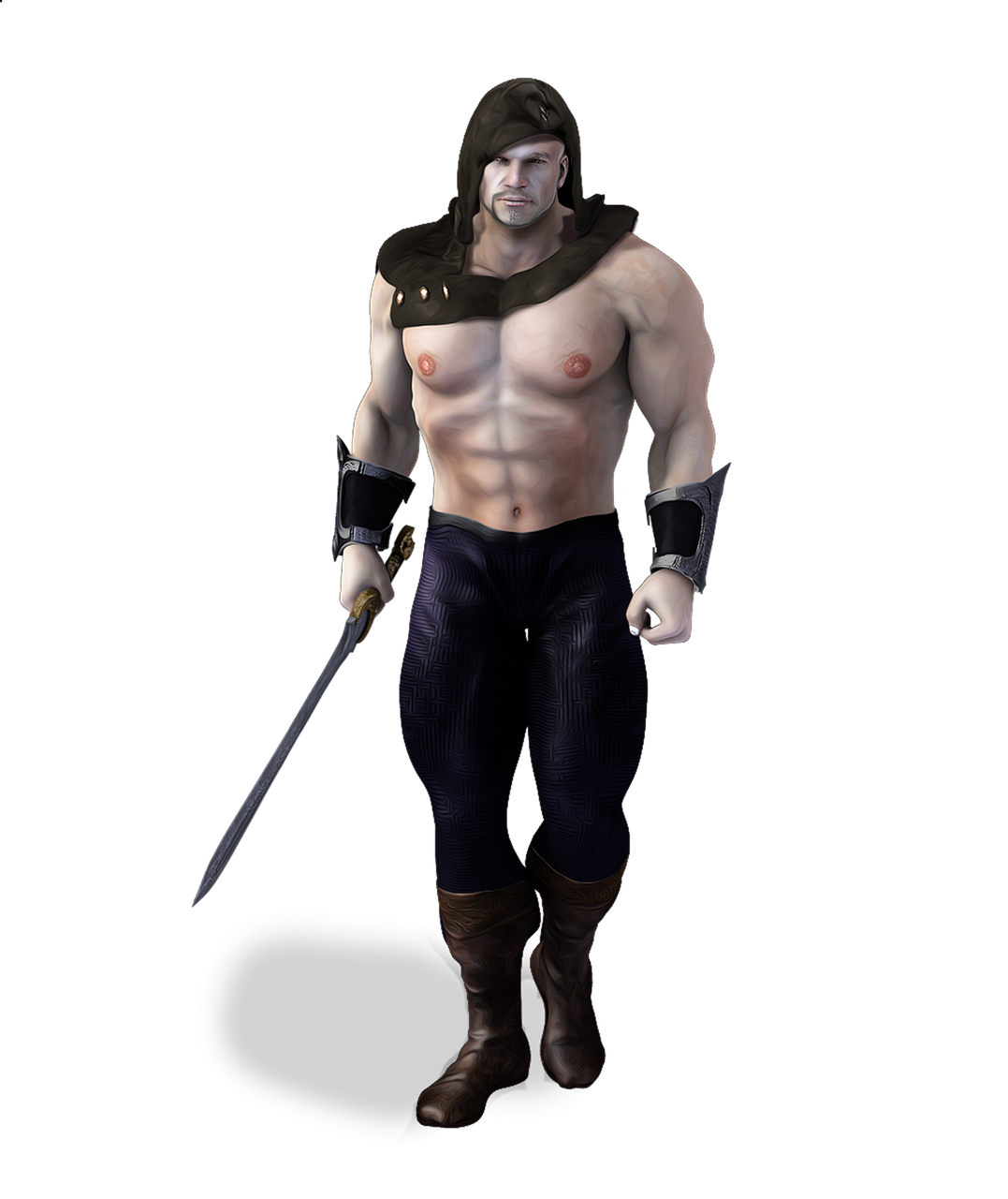 a muscular, barechested warrior stands with a sword in his hand. he wears a dark hood, dark pants, and brown boots. his wrists are adorned with black wrist guards. the background is black. the image is a digital rendering.