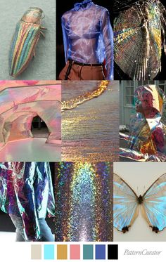 this image is a collage of different textures and colors that are all iridescent and shimmery. the collage is made up of nine different images, all of which have been carefully selected to create a cohesive and visually stunning whole. the top left image is of an iridescent beetle, and the top right image is of a piece of iridescent fabric. the middle left image is of an iridescent cave, the middle right image is of iridescent water, and the bottom left image is of iridescent clothing. the bottom middle image is of an iridescent glitter, the bottom right image is of an iridescent butterfly. the colors in the collage are mostly blues, greens, pinks, and golds. this image is a perfect example of how to create a visually appealing and inspirational collage. the use of iridescent materials creates a sense of depth and dimension, and the careful selection of colors and textures creates a cohesive and balanced look.  the collage is a great source of inspiration for anyone looking to create their own designs or to simply appreciate the beauty of iridescent materials.