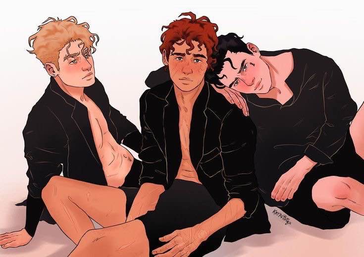 an image of three men. the art style is line art with color blocks to denote shadows and highlights.  all three men are wearing black shirts. the man on the left is blonde and has his shirt unbuttoned. the man in the center has red hair and freckles, and his shirt is open. he is looking directly at the viewer. the man on the right has black hair and is leaning on the man in the middle's shoulder. his eyes are closed.