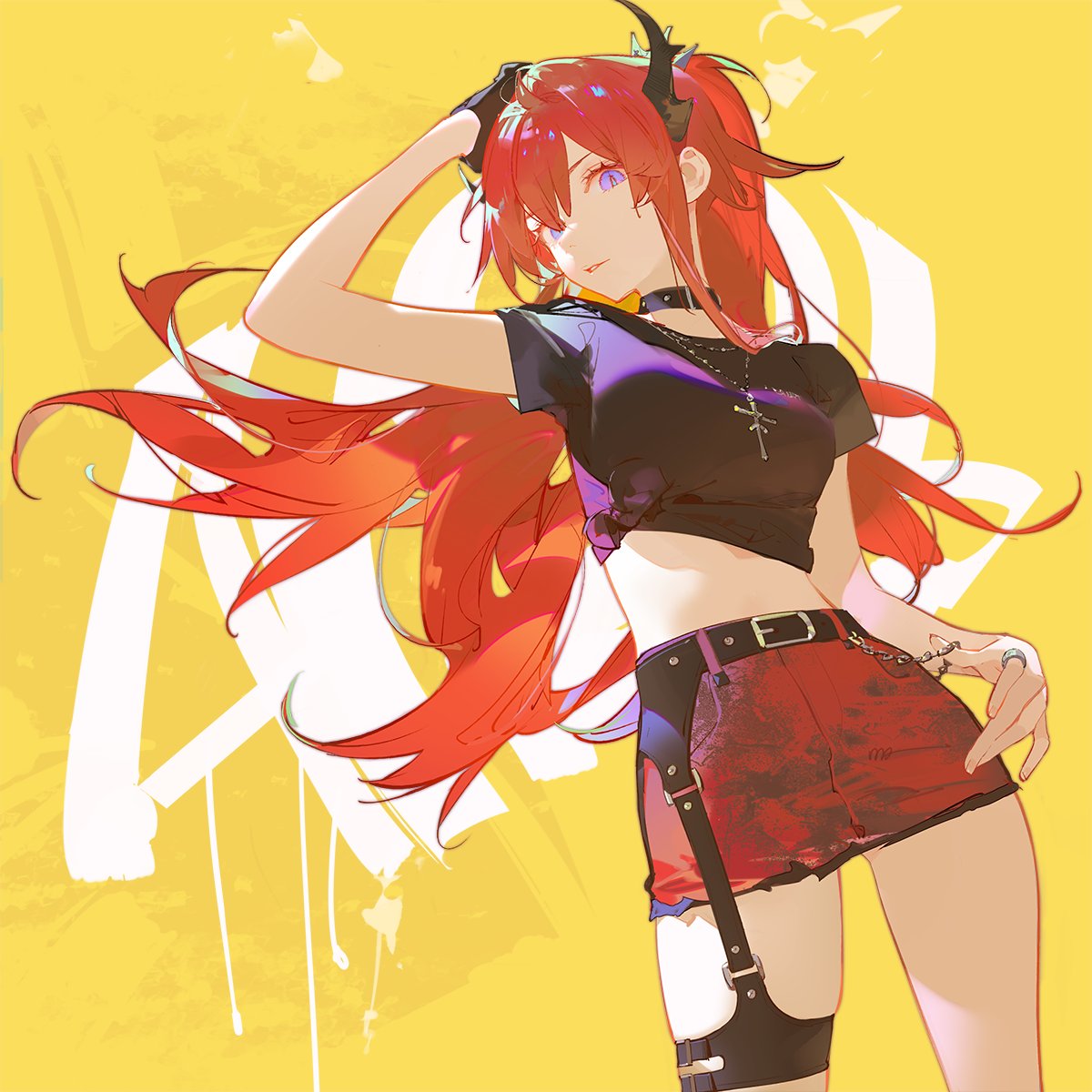 an animestyle female character with flowing red hair and small black horns. she's wearing a black choker, a silver cross necklace, a black cropped tshirt knotted at the waist, and a red mini skirt with a black leg harness. she has purple eyes and is striking a confident pose, holding her hair with one hand. the background is yellow with white abstract shapes.