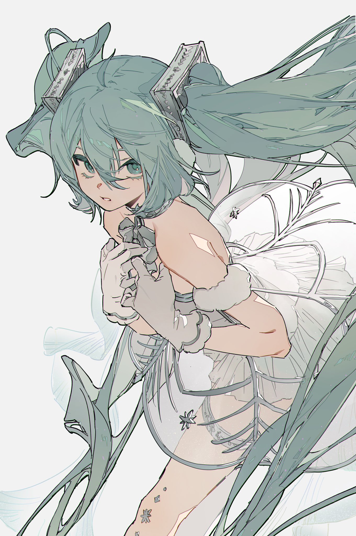 the image is a digital fanart depicting hatsune miku, a popular vocaloid character, in a stylized and elegant pose. she has long teal twintails, and is wearing a flowing white dress adorned with snowflake details.  the art style is soft and ethereal, with a focus on delicate lines and shading. the overall mood is serene and charming.  the background is mostly white, allowing the character to stand out prominently.  the character’s expression is gentle and slightly pensive.