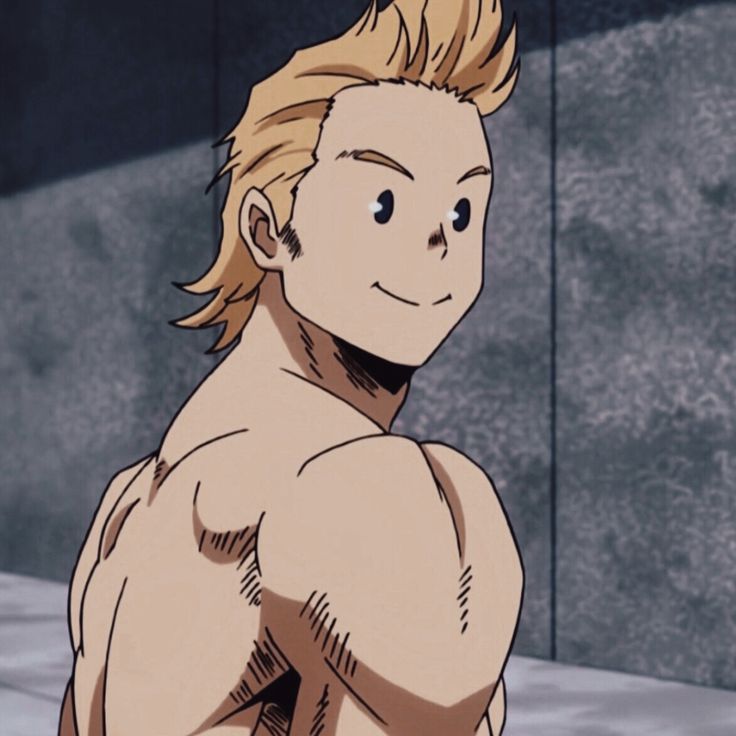 a shirtless muscular blond male anime character with a cheerful expression looks over his shoulder. he has a grey background behind him. he's from the manga my hero academia.