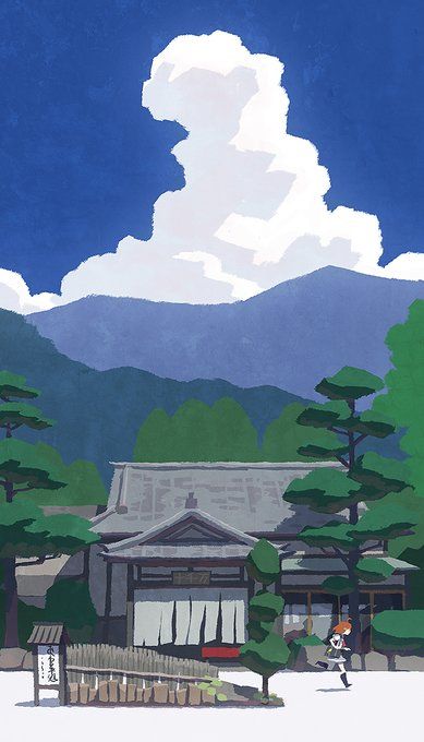 the image is an animestyle illustration of a girl in a school uniform walking away from a traditional japanese building. the building is situated in front of a mountain range with a bright blue sky and puffy white clouds above. there are evergreen trees on both sides of the building, and a wooden fence and path in the foreground. the overall color palette is bright and cheerful.