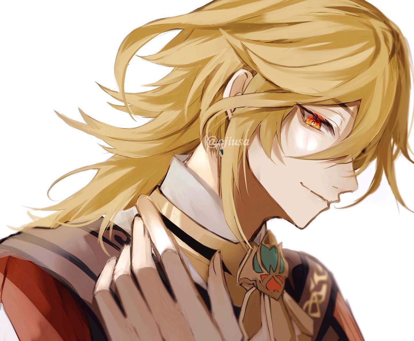 he image is a digital fanart of scaramouche from genshin impact. he is depicted as a young man with long, flowing blond hair that is slightly windblown. his eyes are a striking orangered, and he has a subtle smirk playing on his lips. he's wearing an ornate, elegant outfit with a high collar and a decorative bow. the art style is soft and painterly, with a focus on capturing the character's expression and the detail of his clothing. the background is plain white, which further emphasizes the character. the overall mood is one of sophistication and quiet confidence.