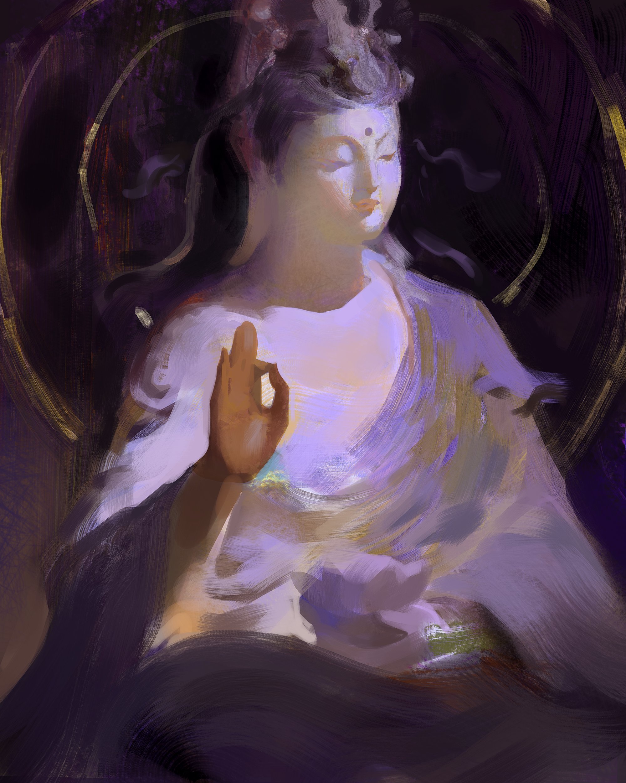 this digital painting depicts a serenelooking buddha in a meditating pose, with their eyes closed and hands in the mudra gesture, sitting in a serene pose, surrounded by purple and gold tones. the buddha is wearing a purple robe with a halo around their head. the art style is loose and painterly, with brushstrokes giving the piece a flowing and ethereal feel. the composition is focused on the buddha, with the background blurring away, creating a sense of peace and tranquility. the image evokes a sense of spirituality and enlightenment, offering a peaceful and calming atmosphere.