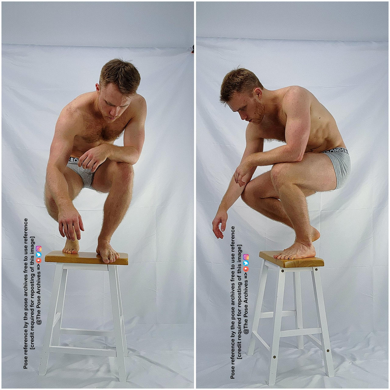 two nearly identical images of a muscular man with short, light brown hair and a short beard, wearing only white underwear, are positioned sidebyside.  he is crouched on a low, light brown wooden stool with his weight on his toes, his hands resting on his knees.  he is facing slightly to the side, his gaze directed downward.  the background is a plain white wall, and the overall lighting is soft and even.