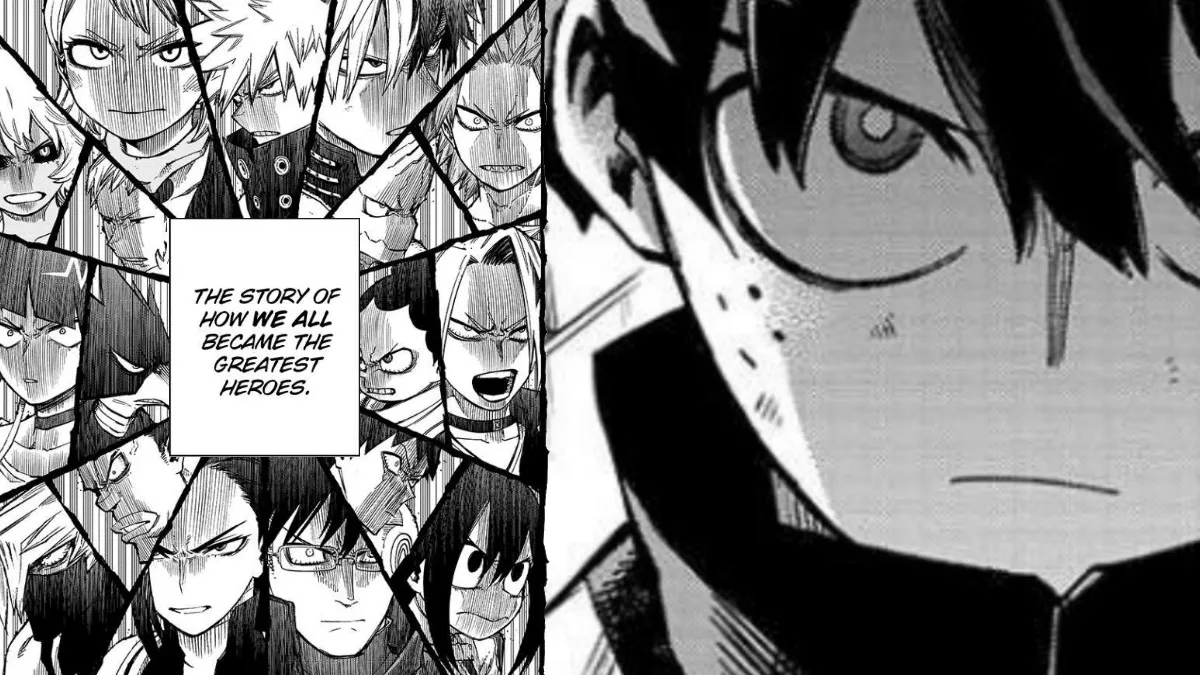 the image is a splitscreen manga panel featuring characters from the popular anime and manga series my hero academia. on the left side, a collage of various students from class 1a is shown, each displaying a determined expression. a text box within the collage reads "the story of how we all became the greatest heroes." on the right side, a closeup of the main protagonist, izuku midoriya (also known as deku), is presented. his face is partially obscured by shadow, emphasizing his intense gaze and determination. the highcontrast black and white style typical of manga is employed, adding to the dramatic effect.
