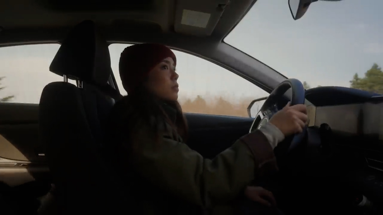 a young woman with long dark hair and wearing a red beanie is driving a car. she is looking out the window at the scenery passing by, which appears to be a forested area. the overall lighting suggests an overcast winter day. the perspective is from the passenger seat of the car, offering a view of the woman's profile and the road ahead.