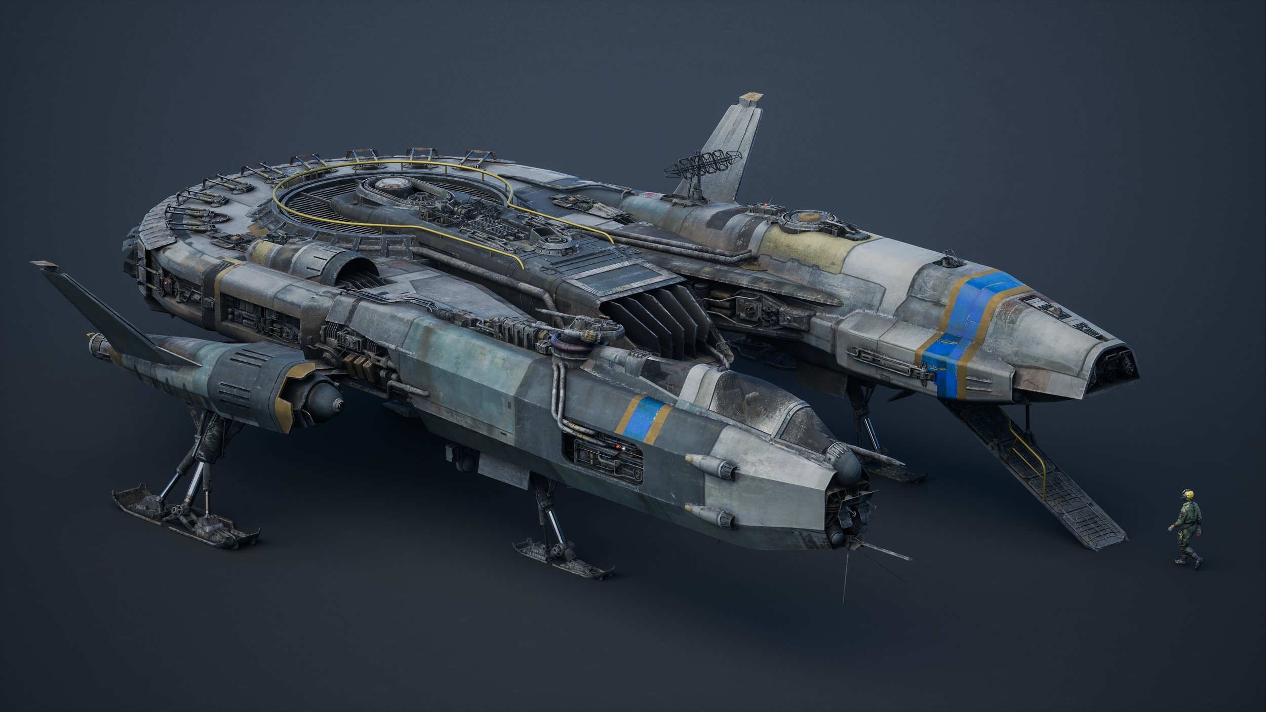 the image presents a detailed 3d rendering of a futuristic spaceship, seemingly weathered and worn from extensive use. the vessel is characterized by its unique design, incorporating both circular and elongated elements, suggesting a blend of functionality and age. it sits on metallic skids and features a ramp at the rear. a small, detailed figure of a soldier or technician is positioned in the foreground, adding a sense of scale and implying the ship's potential purpose. the backdrop is a neutral, dark gray, allowing the spacecraft to be the focal point. the overall style is realistic with a scifi aesthetic.