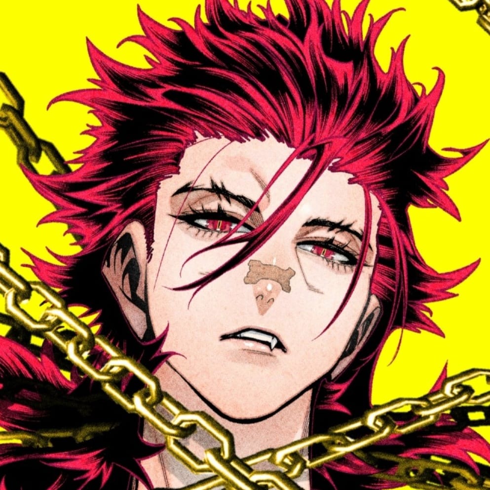 a closeup portrait of a young anime boy with red hair. he has piercing red eyes, a serious expression, and a bandage on his nose. he's wearing chains around his neck. the background is a bright yellow.