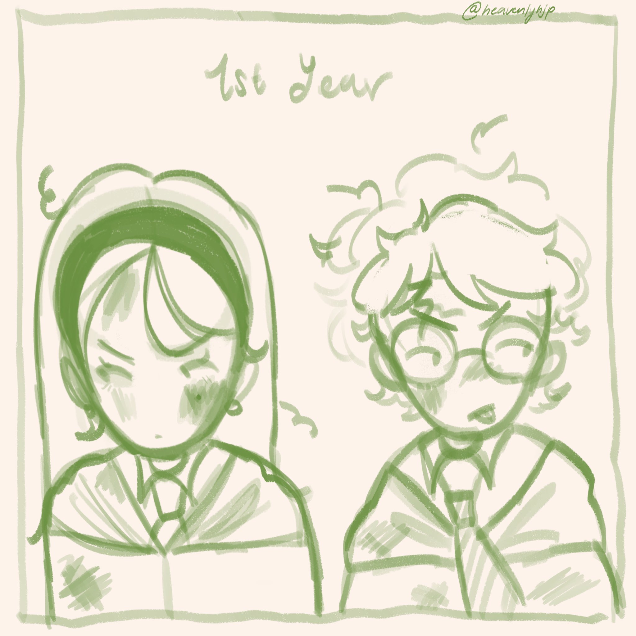 a sketch of two cartoon characters in school uniforms. they are both facing forward, but the girl on the left is looking at the viewer with a mischievous smile. the boy on the right is looking forward, but he has a more serious expression. both characters have curly hair and are wearing glasses. the background is a simple white square with the words "1st year" written in the top left corner.