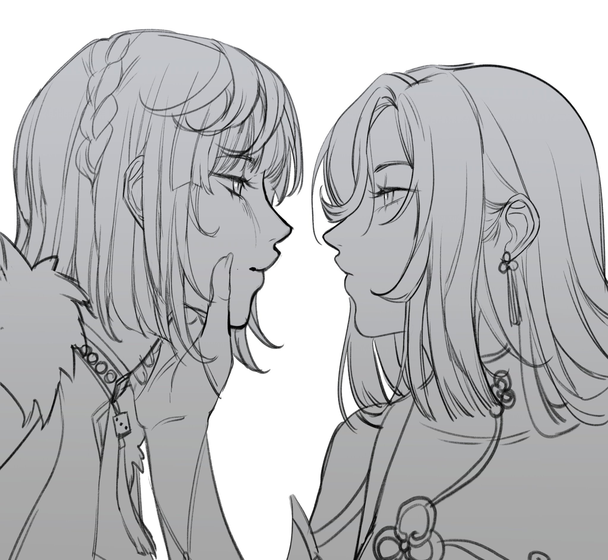 a black and white line drawing of two anime girls facing each other with their faces close together. the girl on the left has her hand on her cheek. the girl on the right has a strand of hair falling over her face. they are both wearing different outfits. the art style is simple and clean.