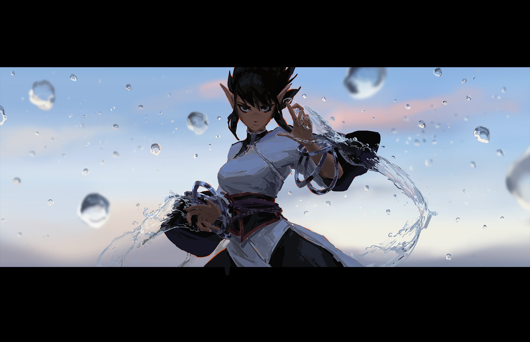 he image is a digital painting of an animestyle female elf character. she has dark hair, pointed ears, and is wearing a flowing white and darkcolored outfit. she appears to be wielding or controlling water, as streams of water are flowing around her, and water droplets are suspended in the air. the background is a peaceful sky with clouds, and the overall aesthetic is fantasythemed. the character’s expression is serious and determined, suggesting a moment of power or magical ability. the art style is dynamic and stylized, focusing on movement and visual appeal.