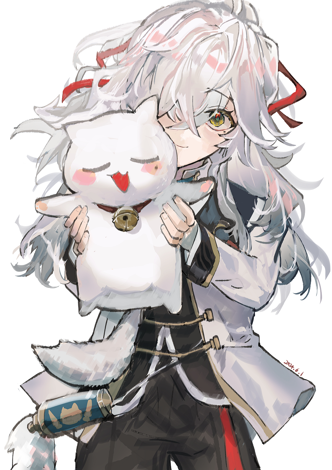 the image features an anime girl with long, white hair wearing a white jacket with gold accents and black pants with a red stripe. she is holding a white plush cat with a bell around its neck. the girl is smiling and looking at the cat with happiness. the drawing style is soft and delicate, with a focus on the details of the characters' expressions and clothing.