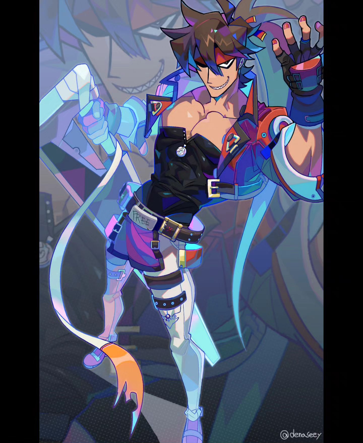 the image is a vibrant digital painting or illustration of an animestyle male character. he's depicted in a dynamic action pose, with one arm raised and a confident, almost cocky smirk on his face. his attire is a blend of cyberpunk and futuristic elements, featuring a mix of dark clothing, bright accessories, and unique armor pieces. the character's overall look is stylish and flamboyant. the background features partially visible figures that hint at a larger scene or narrative, making it feel like a panel from a graphic novel or video game. the art style is characterized by bold colors, sharp lines, and dynamic composition. the character's design suggests a personality that's both powerful and playful. the overall style heavily evokes the aesthetic of anime/manga and possibly video game art.