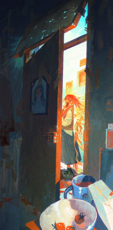 this digital painting shows a woman with long, flowing red hair standing in a doorway of an open room. the walls are painted a dark, bluishgreen color, and light streams in from the doorway, illuminating her and parts of the room. the doorway is framed by a wooden door. in the foreground, there is a table set with a white bowl and a blue coffee cup filled with a dark red liquid. the bowl contains three red tomatoes. the scene has an abstract and whimsical feel.