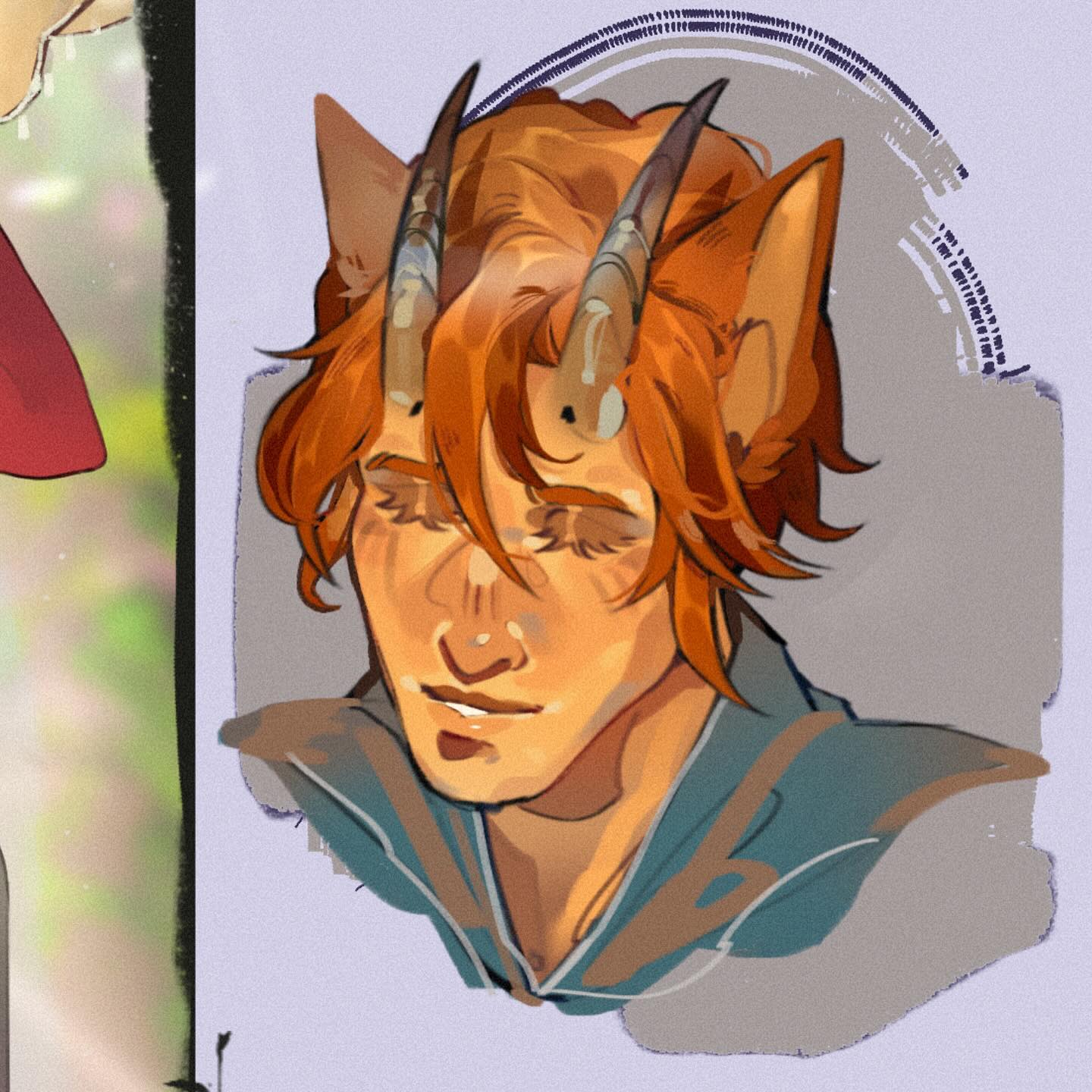 the image is a digital painting or illustration of a young man with orange hair, feline ears, and small horns. his eyes are closed, and he has a serene expression. he's wearing a hooded, tealcolored garment. the style is soft and whimsical, with pastel colors and a slightly stylized look. the background is a pale lavender. the overall mood is peaceful and gentle.