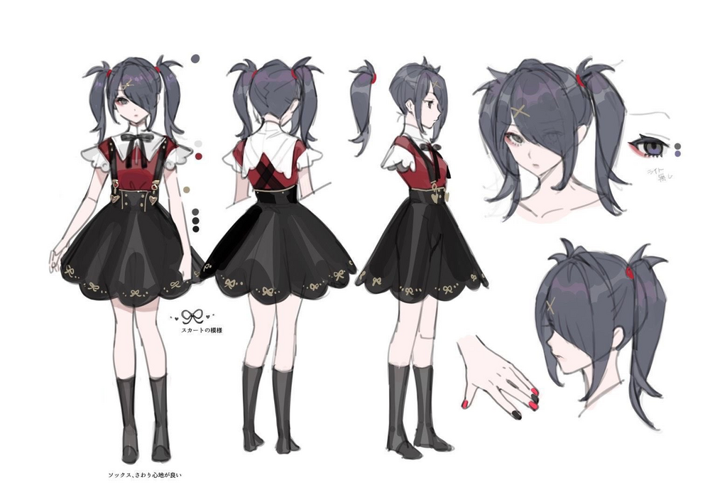 this is a character design sheet of an anime girl. she has black hair tied in pigtails, and is wearing a red dress with a white collar, black skirt with bows, black socks and shoes. the sheet shows her from the front, back, and side, and includes details of her hair, hand, and nails. the image is drawn in a simple, cartoon style.