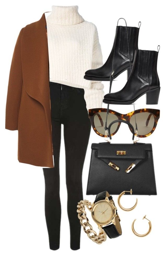 a stylish outfit consisting of a brown coat, a white turtleneck sweater, black skinny jeans, and black ankle boots. accessories include a black handbag, a gold watch, a gold chain bracelet, tortoise shell sunglasses, and gold hoop earrings.