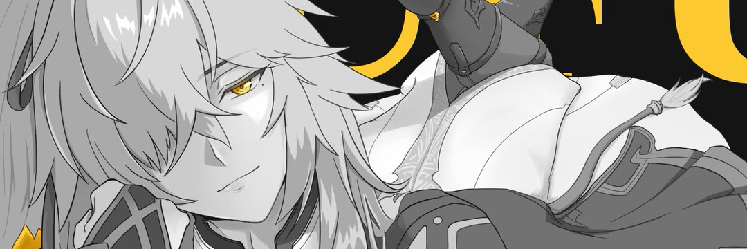 a closeup portrait of albedo from genshin impact, rendered in black and white. he has long white hair and yellow eyes and is shown smiling slightly.  he is wearing his signature attire from the game.