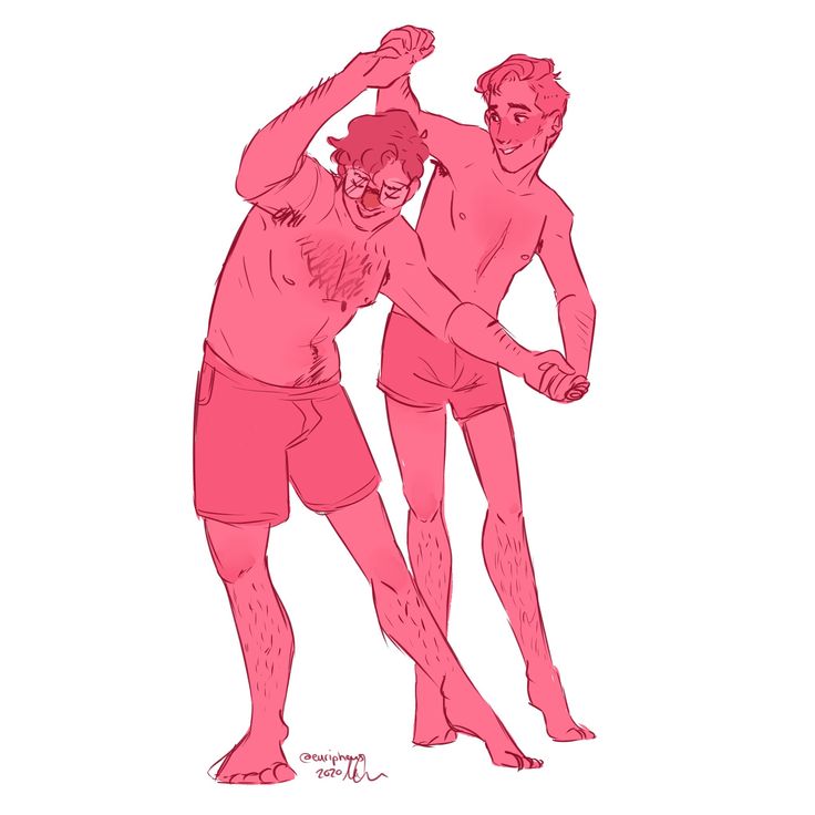 this is a cartoon illustration of two men dancing. the men are drawn in a pink color scheme, and they are both wearing shorts. the drawing is done in a simple,