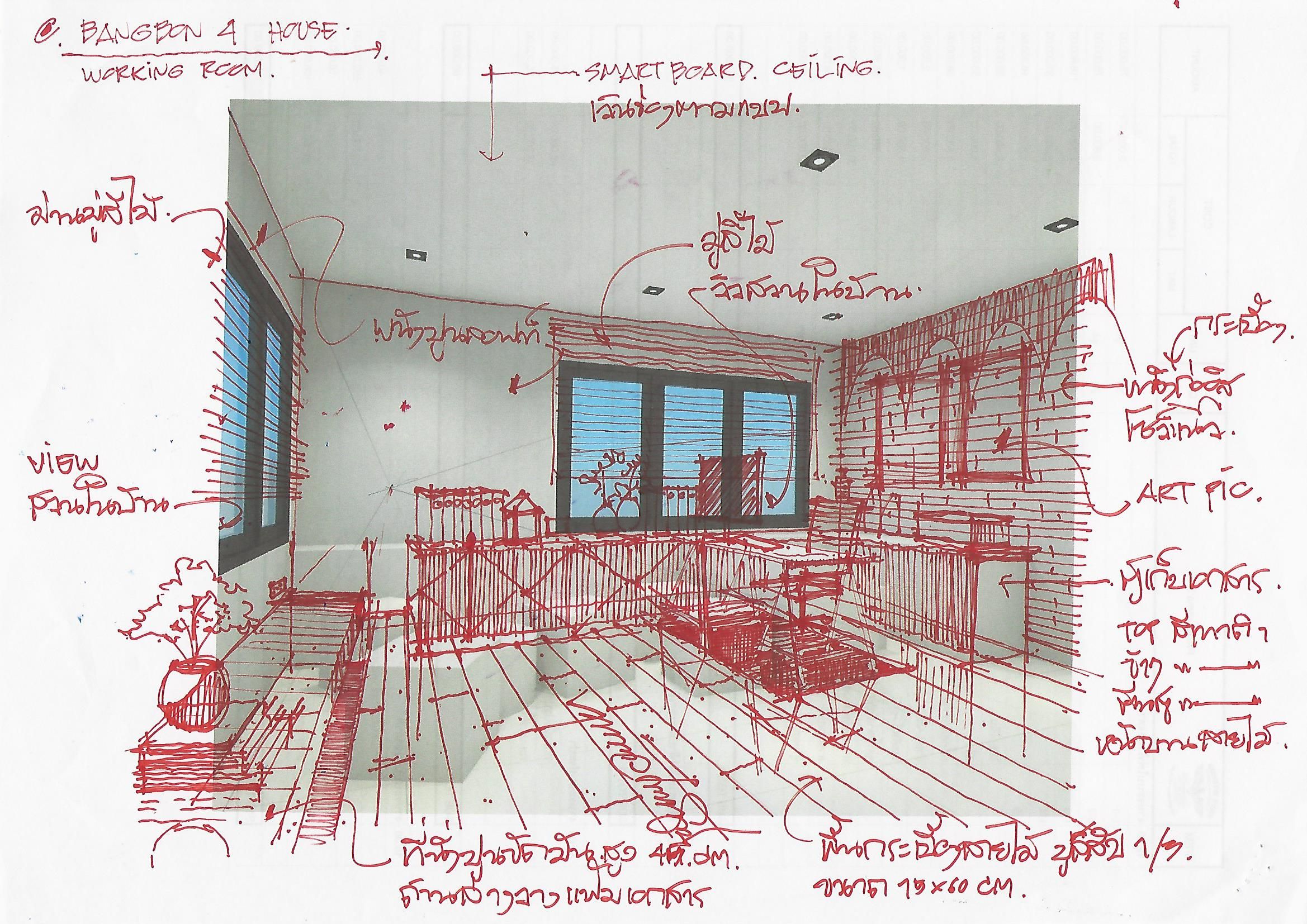 this is a handdrawn sketch of a room in a house. the sketch is quite detailed and includes labels in both english and thai. the room is likely a working room, as it has a smart board ceiling and a large window for a view. the sketch includes furniture like a desk, chairs, and an art picture. the sketch also shows the dimensions of the room, such as the width of the window and the size of the smart board.