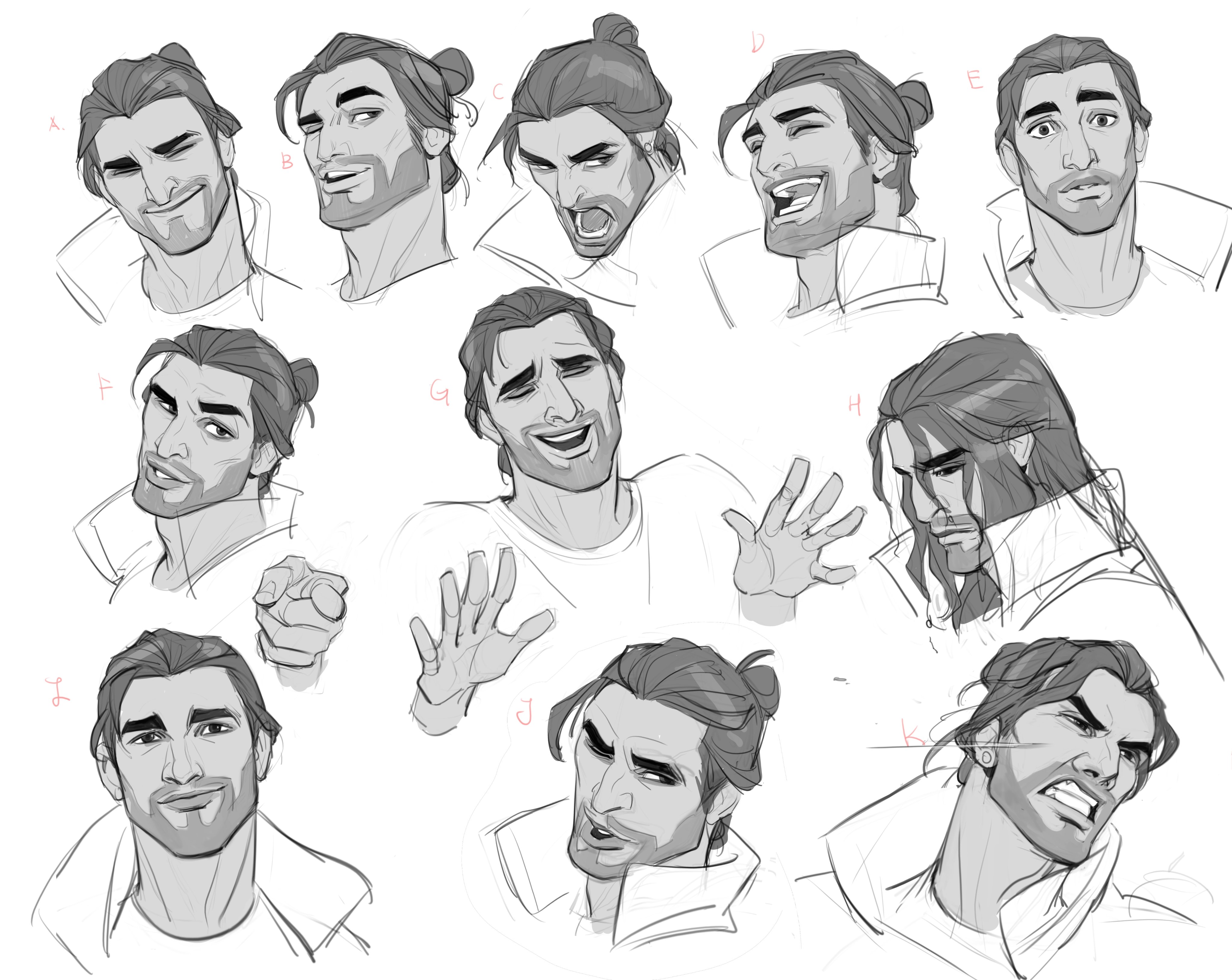 the image showcases a series of headshots depicting a male character with various facial expressions.  the character has dark hair styled in a topknot or bun and some facial hair. the expressions range from happy and playful to serious and angry.  the style is a loose, expressive grayscale sketch, common in character design and animation processes. each headshot is labeled with a letter (ak) likely for reference. the image serves as an expression sheet, useful for animators and artists to understand the range of emotions the character can portray.