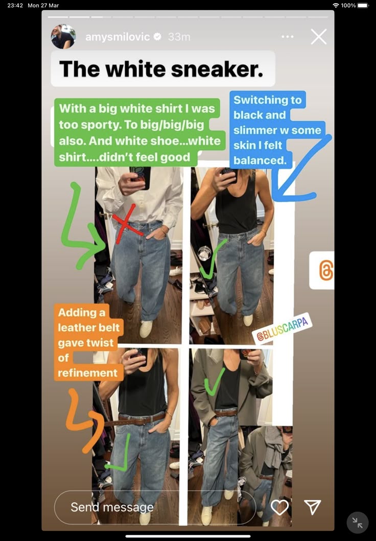 an instagram story post by amysmilovic showcasing different outfit combinations featuring white sneakers. the post includes four images of her wearing the sneakers with different tops and accessories, along with text explaining her styling choices. the outfits include a large white shirt, a black tank top, and a blazer, paired with denim and a leather belt.
