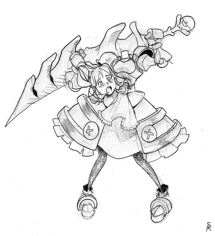a black and white sketch of a young anime girl warrior in oversized armor. the girl has short hair with two long strands framing her face, and is drawn with an expressive surprised expression. she wears a frilly dress over her armor, which includes large pauldrons, gauntlets, and greaves. her weapon, a large sword with a unique design, floats behind her. the drawing is done in a dynamic pose, capturing the girl midmotion.