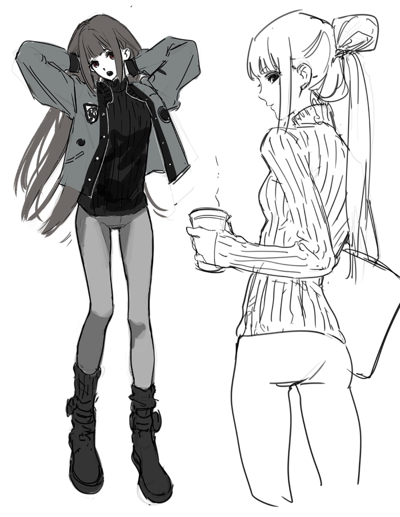 a black and white illustration of two girls standing side by side. the girl on the left is wearing a black sweater with a jacket over it and black boots. she has long dark hair and her arms are raised above her head as if she's pulling her jacket on. the girl on the right is wearing a sweater and her arms are down by her side, holding a coffee cup. she has long blonde hair with a ponytail. both girls are drawn in a manga/anime style. the background is a blank white.