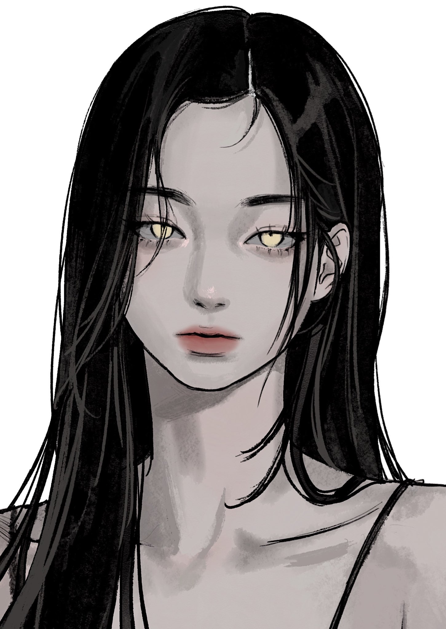 the image is a stylized digital drawing or painting of a young woman. she has long, straight black hair that frames her face. her skin is pale, and her eyes are a striking yellow. her expression is serene but slightly mysterious. the overall style is reminiscent of anime or manga art, with soft shading and attention to detail in the hair and facial features. the woman is shown from the shoulders up, and she appears to be wearing a strapless top. the color palette is primarily grayscale with accents of pale yellow in her eyes.  the artwork has a somewhat ethereal and elegant feel.