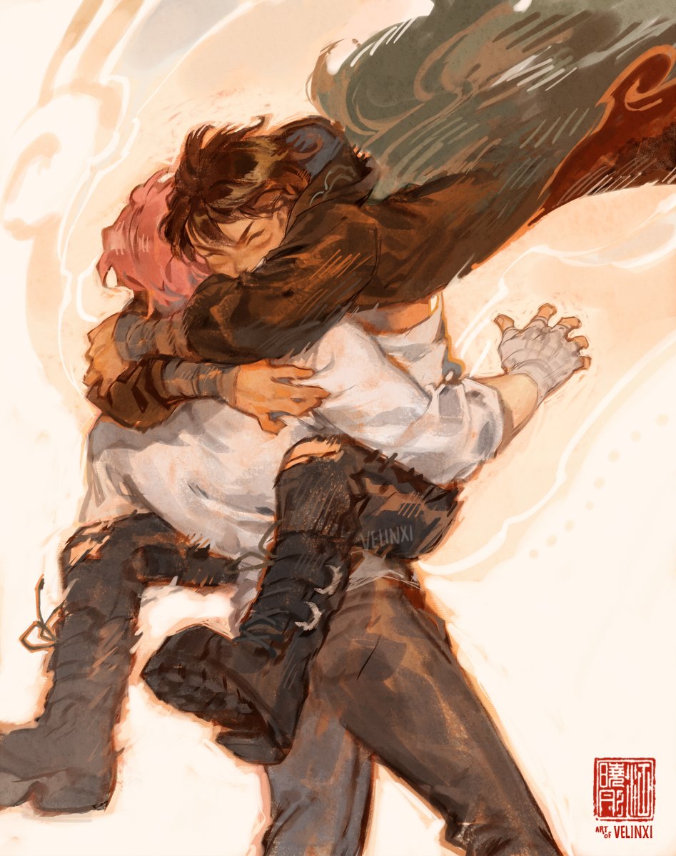 the image is an illustration of two men embracing. one man is holding the other in a close hug. the man being held has pink hair and is wearing dark boots. the man doing the holding is wearing a cape and appears to be embracing his friend closely. the illustration style is painterly and expressive, with a soft, warm color palette. the overall scene conveys intimacy and friendship.
