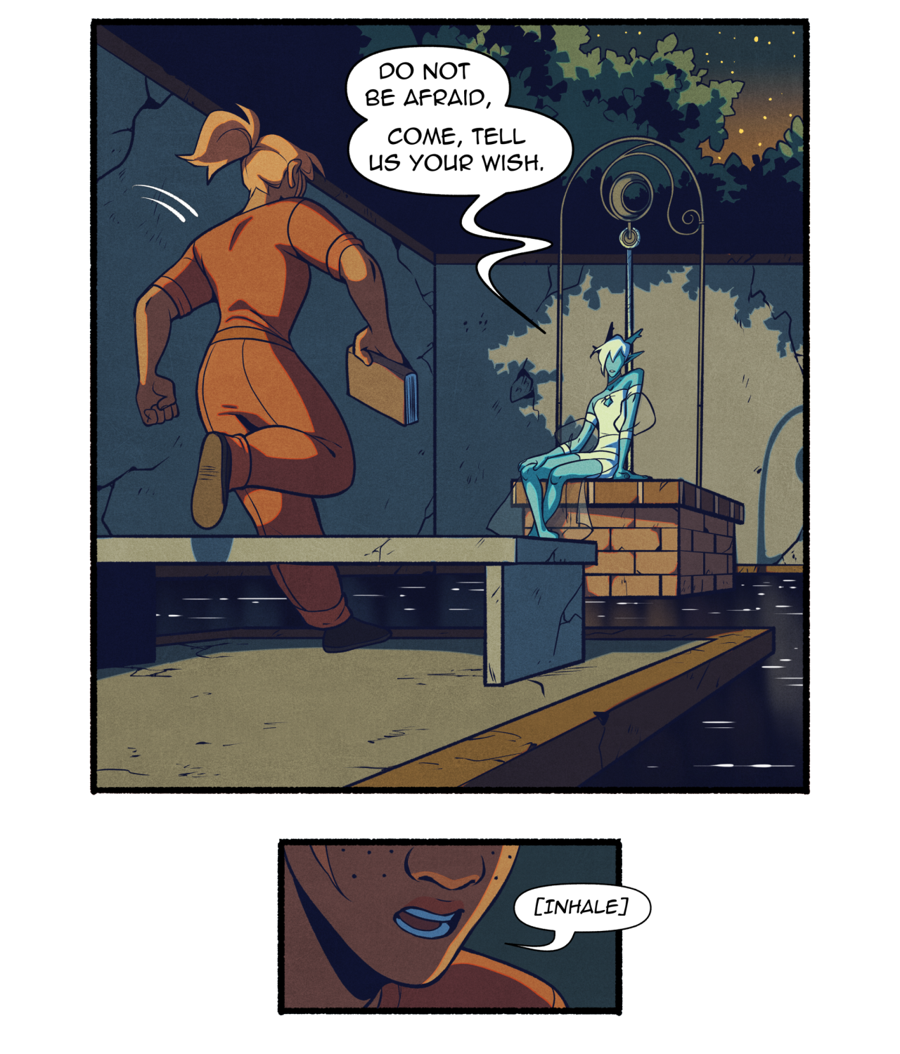 the image shows two panels from a comic book. in the top panel, a woman in an orange jumpsuit runs away from a well while holding a book.  sitting on the well is a small, blueskinned girl with white hair.  the girl beckons the woman, saying, "do not be afraid, come, tell us your wish."  in the bottom panel, a closeup of a person's face shows them taking a deep breath. the overall setting suggests a nighttime encounter in a courtyard or similar enclosed space, possibly with magical undertones.