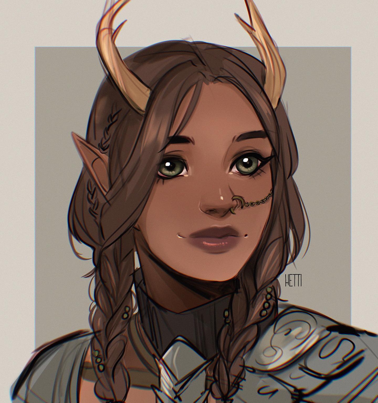 the image is a digital painting of a female fantasy character, possibly an elf or halfelf, with dark brown skin and long brown hair styled in two braids adorned with small green beads. she has pointed ears, antlers growing from her head, and a nose ring connected to a small chain. her eyes are a striking green. she appears to be wearing light armor or shoulder pads. the style is a blend of realism and stylized fantasy art. the background is a simple, muted grey, keeping focus on the character. the artwork has a soft, painterly quality, with visible brushstrokes. the overall expression is calm and confident.