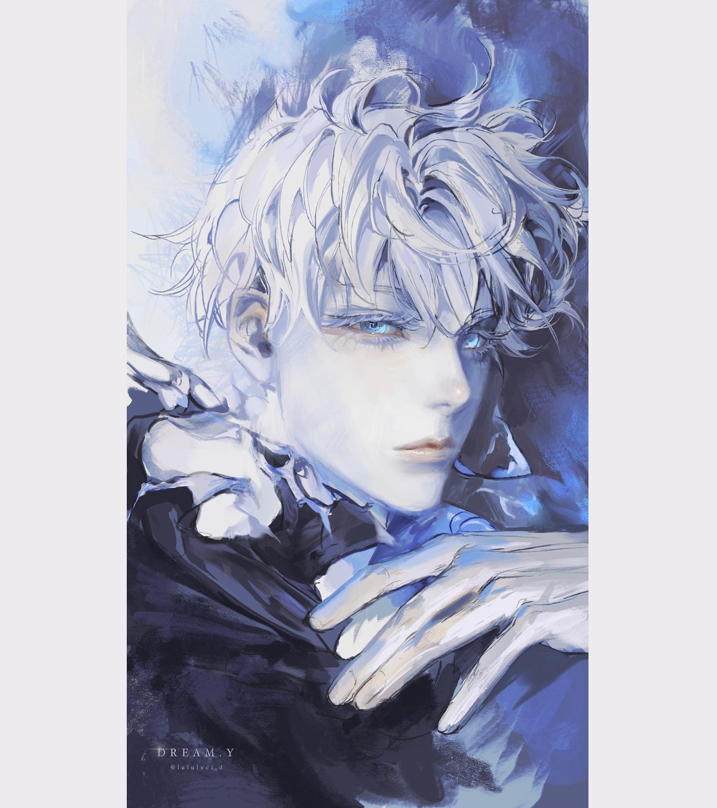 this is a digital illustration of a young anime boy with white hair and blue eyes, he is wearing a dark jacket and his hand is resting on his chin, his  expression is  dreamy and romantic, he is beautifully drawn, his hair is a bit messy and looks like he has just woken up from a dream.  the colors are cool and muted with a soft, dreamy feel.