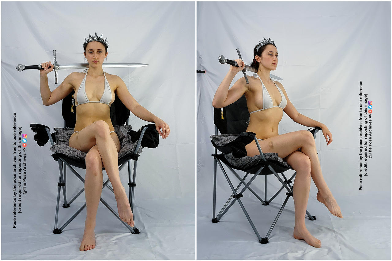 a woman with a silver crown sits confidently in a black camping chair, holding a large silver sword across her shoulders. she is wearing a white bikini and is posed against a plain white background. the image is a diptych, presenting two slightly different angles of the same pose.  the purpose of the image is to serve as a pose reference for artists.