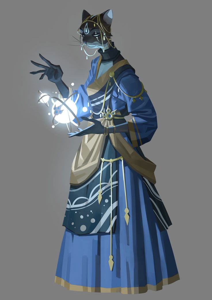 an anthropomorphic cat mage stands tall, clad in a flowing blue robe with intricate gold detailing. they hold a glowing orb, suggesting magical abilities. the feline figure has delicate jewelry adorning its head and face, adding to its regal appearance. the background is a plain gray, drawing all attention to the detailed design of the cat mage and its mystical aura.