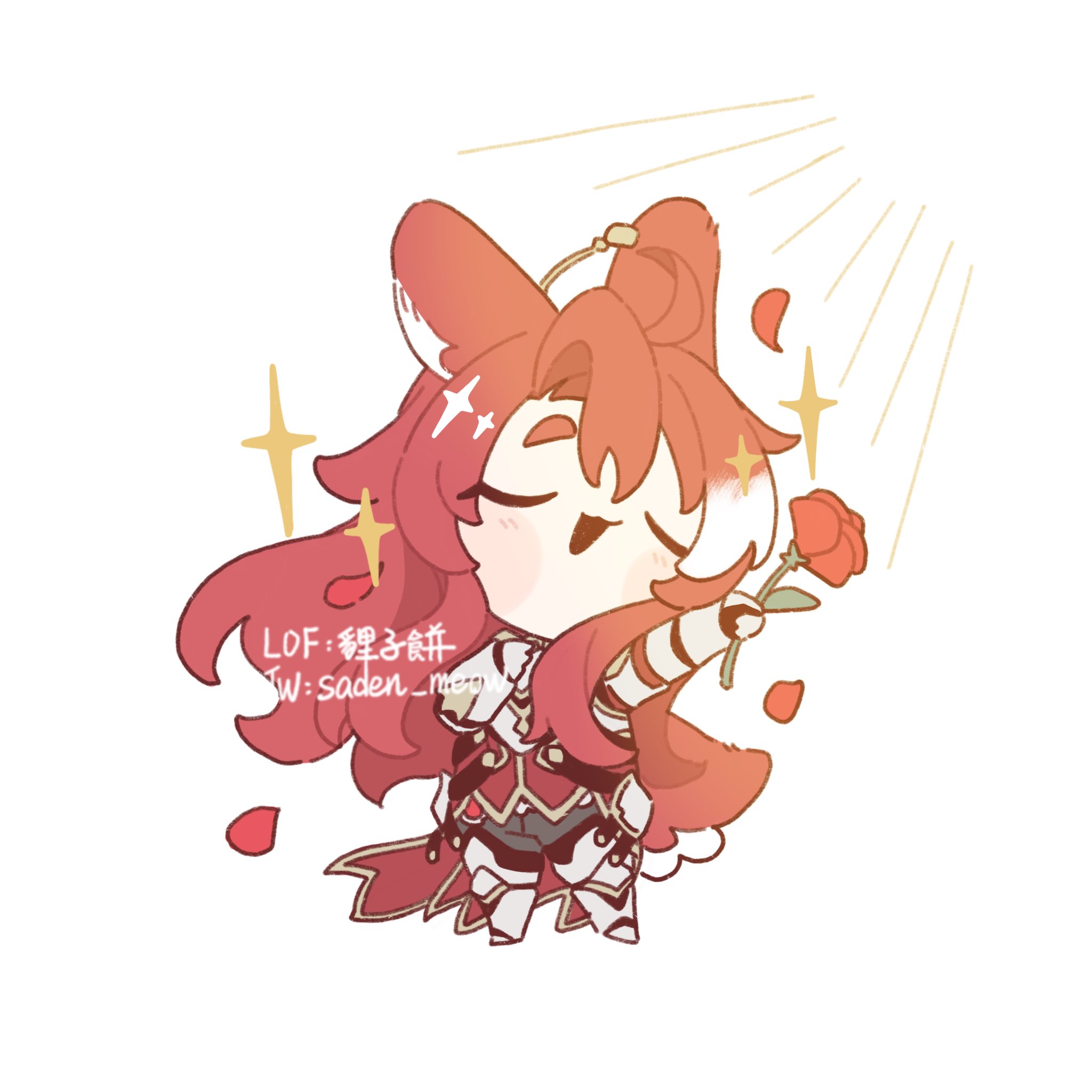 this is a digital drawing of a chibistyle anime girl. she has long, flowing red hair, and is wearing red and gold knight's armor. she is holding a single red rose and beams with joy, with sparkling effects surrounding her. the art style is soft and pasteltoned, and the overall mood is happy and cheerful. the artist's social media handles (lof and twitter) are included in the image.