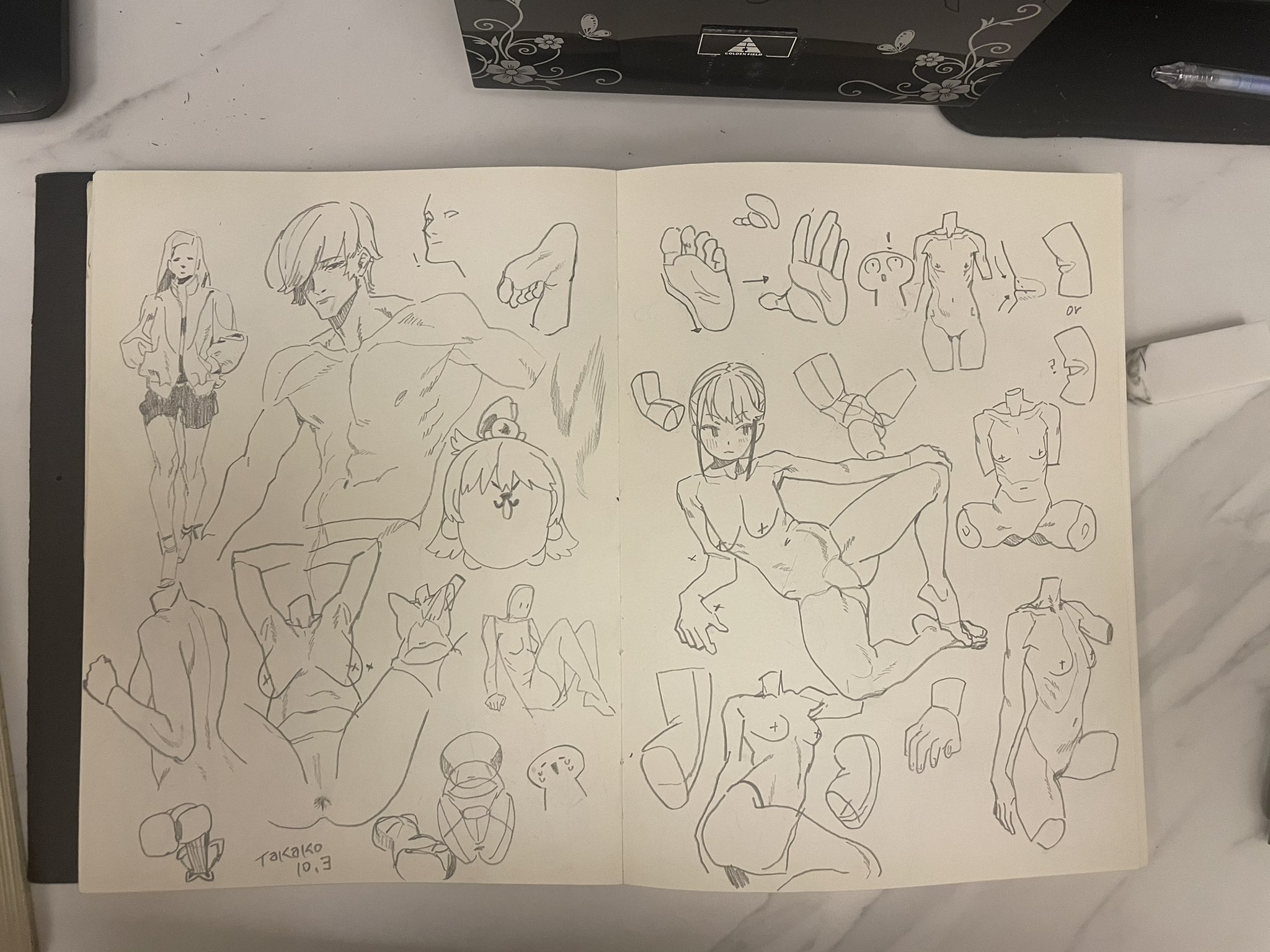 this is a photo of an open sketchbook filled with pencil sketches of various figure drawings. the drawings showcase human anatomy studies, including full figures, torsos, legs, arms, hands, feet, and heads. some sketches are in an anime style. a date "10.3" and the artist's name "takako" are visible on one page.