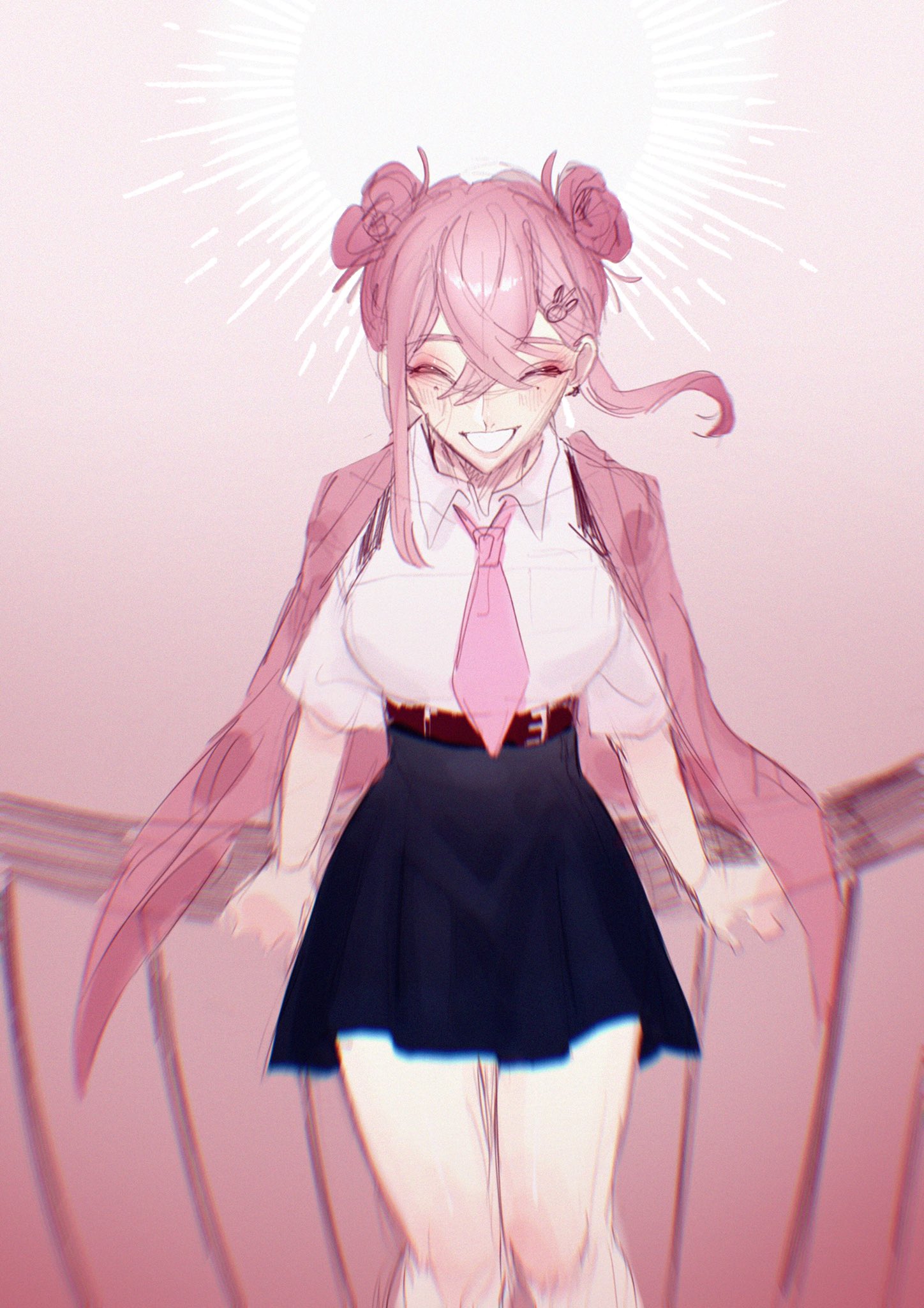 the image features an anime girl with pink hair tied up in two buns. she's wearing a white shirt with a pink tie and a black skirt. she's smiling and looks happy. the background is pink with a white glow around her head. the image is a drawing, likely made with a digital illustration program.