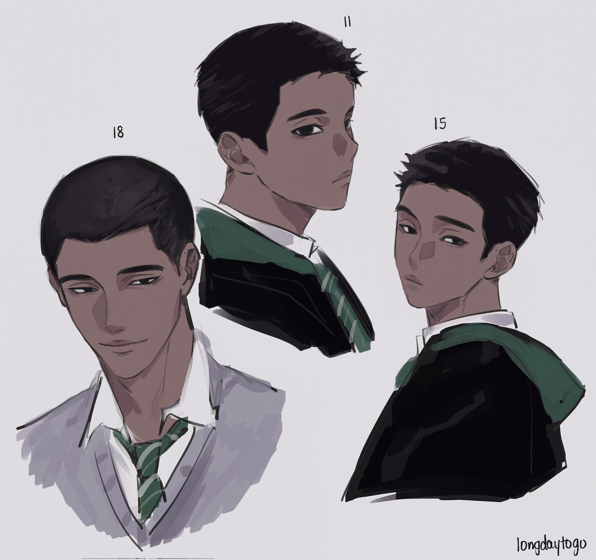 the image presents three stylized digital portraits of the same young man, seemingly depicting him at different ages (labeled 11, 15, and 18 years old).  he appears to be wearing a slytherin hogwarts uniform—a dark green sweater vest over a light gray shirt and a dark green tie.  each portrait shows variations in facial features and expressions reflecting the character's apparent age. the art style is reminiscent of anime or manga, with soft shading and a focus on the characters' expressions and features. the background is plain and neutral. the artist's signature or watermark, "longdaytogo," is visible in the bottom right corner.