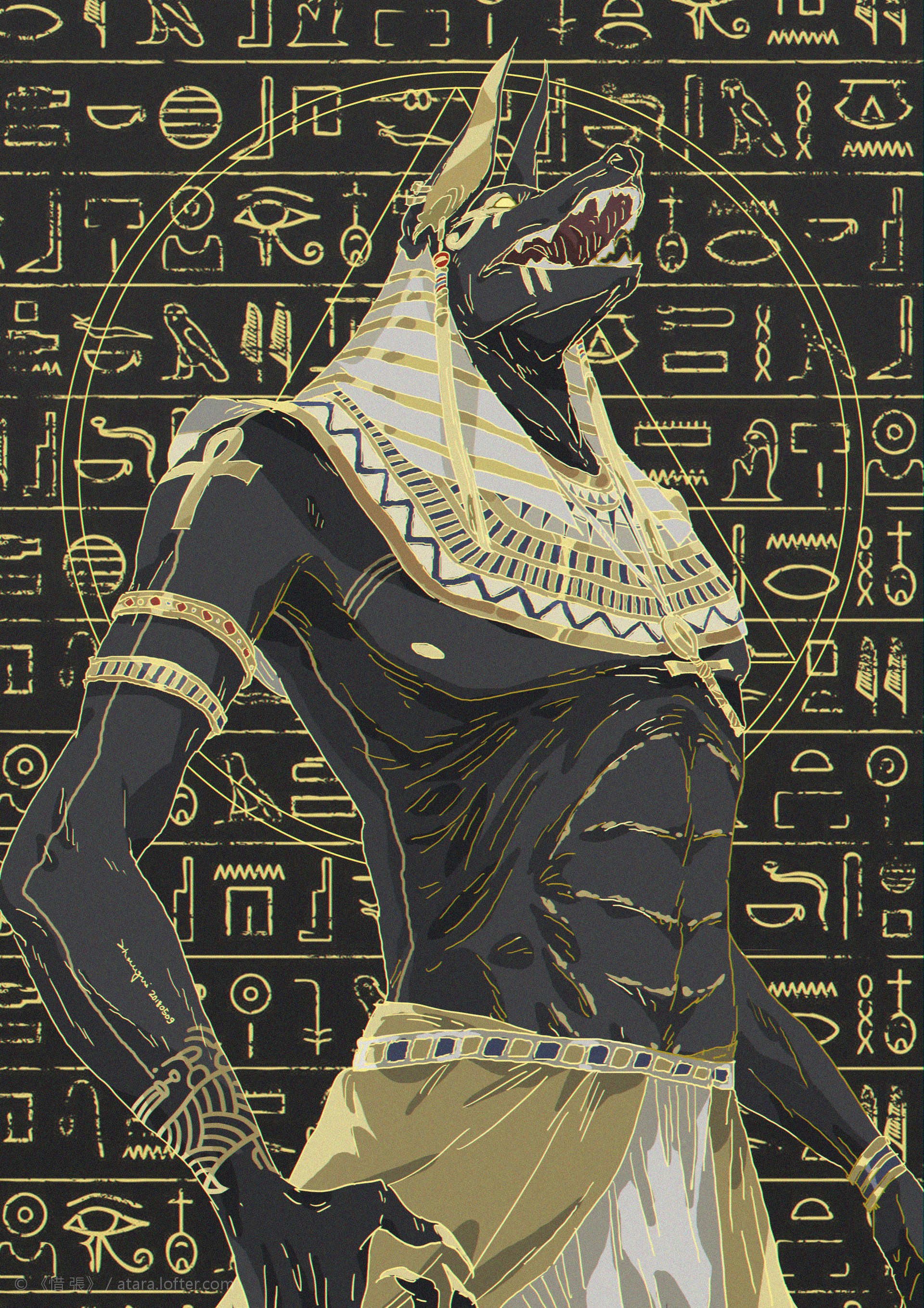 a digital illustration depicting the egyptian god anubis, with his jackal head, standing against a background of hieroglyphs. he wears a black and gold loincloth and a black and gold collar. anubis is associated with the underworld and the dead in egyptian mythology.