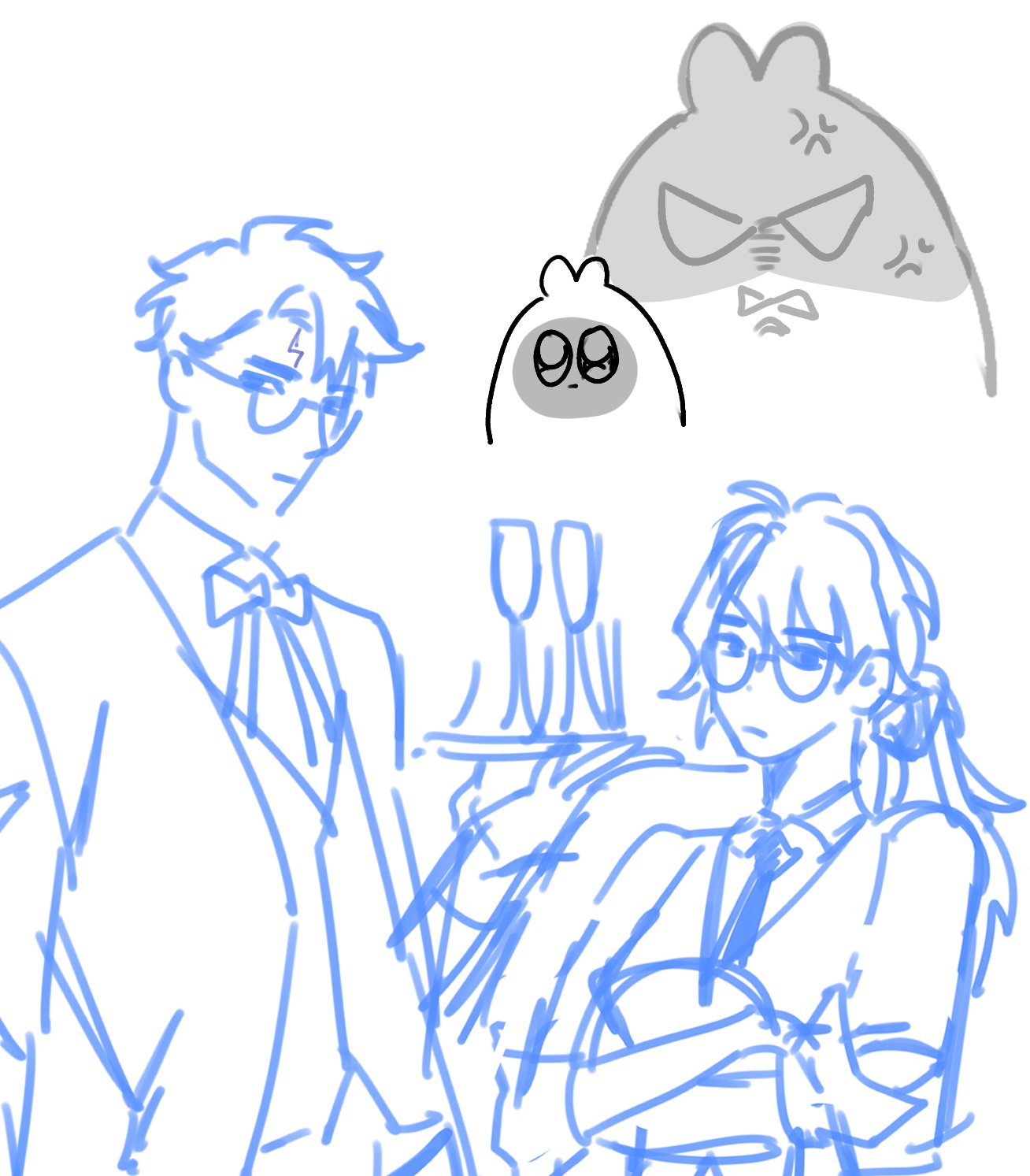 the image is a rough, informal sketch featuring three main figures and two smaller ones. the main figures are: a man in a suit and glasses, a woman with glasses also in formal attire seemingly working as a bartender or server, and a large, angrylooking gray creature resembling a cartoon character. two smaller, simpler, round gray creatures are seen floating above the larger angry one.  the style is reminiscent of anime or manga, with light blue lines used to outline the characters against a plain white background. the sketch lacks fine detail, giving it a spontaneous and unfinished feel.  the overall tone is playful yet slightly tense, given the contrast between the formal attire of the human figures and the angry cartoon.