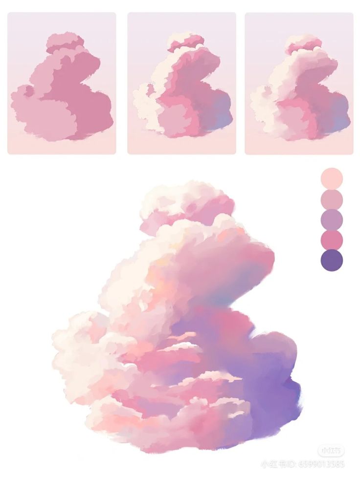 this image is a digital art tutorial showcasing the process of painting a sunset cloud. it presents three stages of the painting alongside a finished piece and a color palette. the cloud is depicted in various shades of pink, purple, and orange, capturing the warm, ethereal glow of the setting sun.