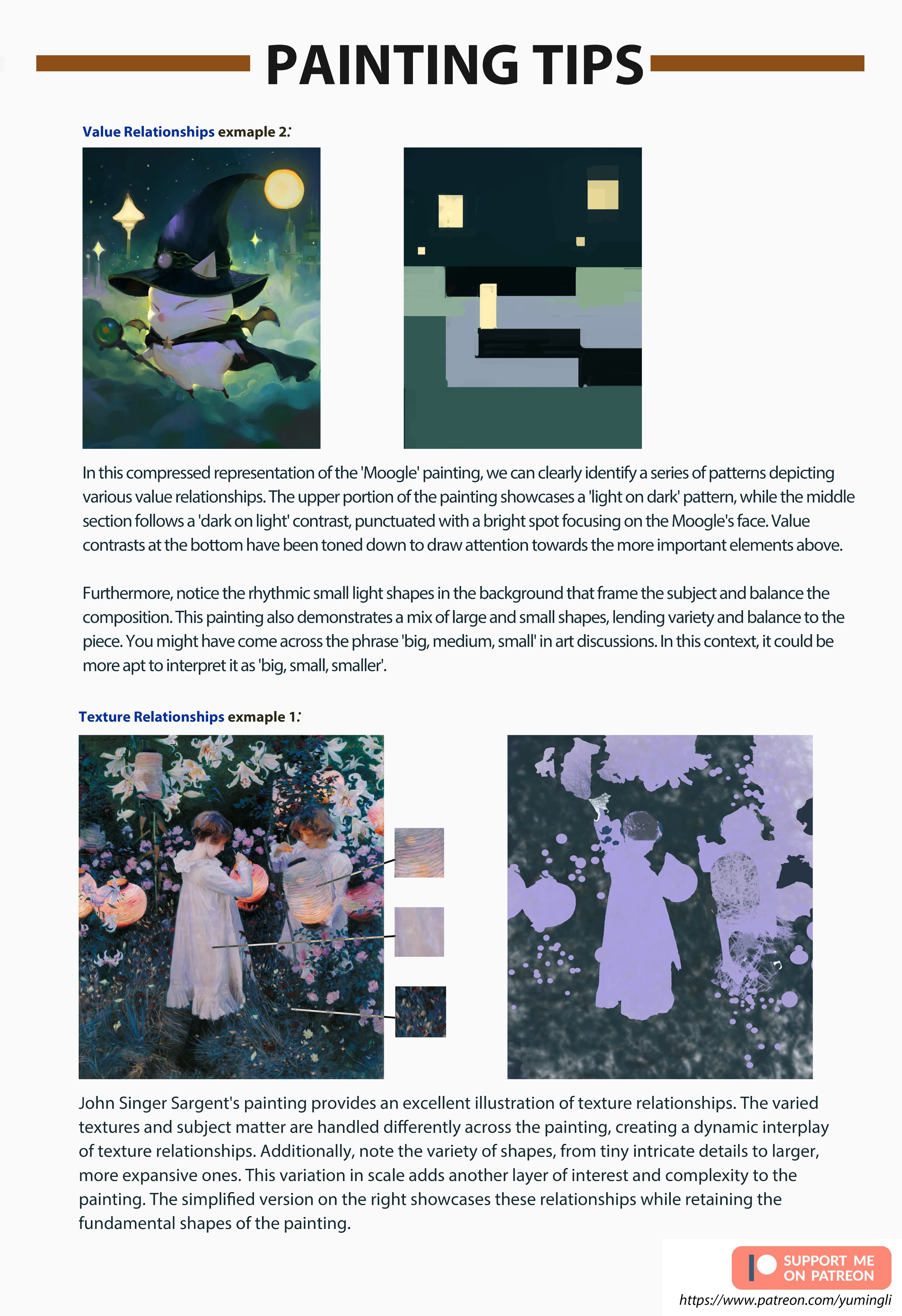 the image is a guide to painting tips focused on value relationships and texture relationships. it shows two examples, one is a painting of a creature called moogle, the second is a painting of two girls in a garden. the image also gives a brief description of each painting and how it illustrates the concepts being discussed.