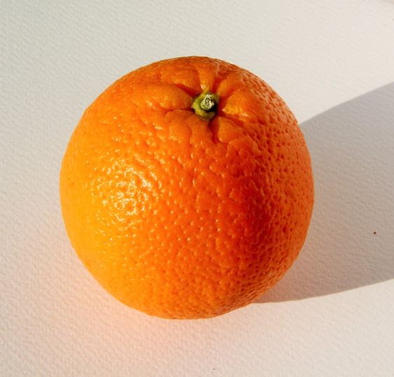 the image shows a ripe, bright orange sitting on a white surface. the orange has a slightly bumpy texture and a small green stem visible at the top. the lighting suggests the photo was taken indoors, possibly near a window, as a soft shadow is cast to the right of the fruit.